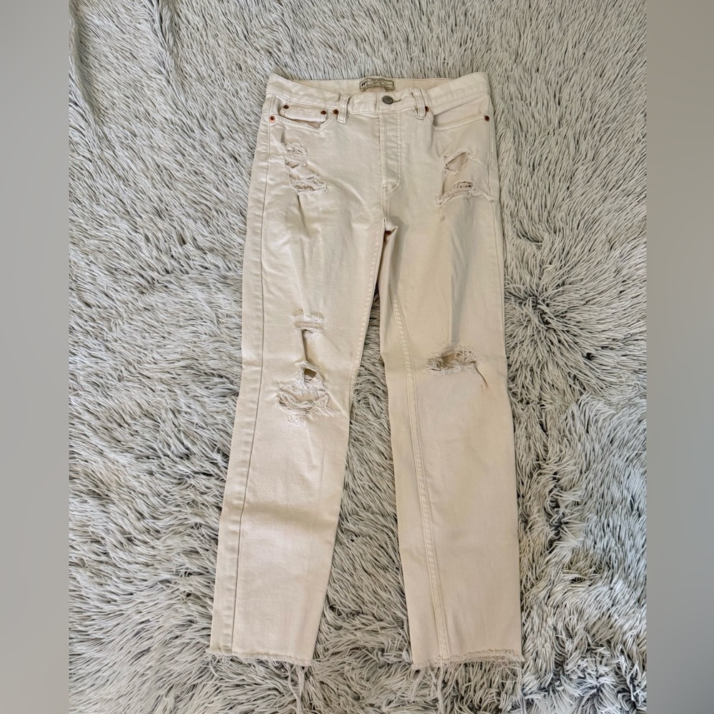 Free People White Straight Leg Jeans with Distressed Details & Lace Underlay